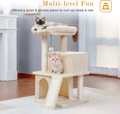 34" Beige Cat Tower with Double Condos, Spacious Perch, Fully Wrapped Scratching Sisal Posts and Replaceable Dangling Balls - TrendyPet's Zone