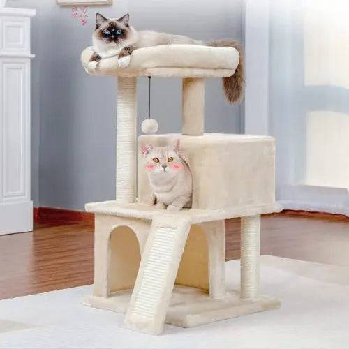 34" Beige Cat Tower with Double Condos, Spacious Perch, Fully Wrapped Scratching Sisal Posts and Replaceable Dangling Balls - TrendyPet's Zone