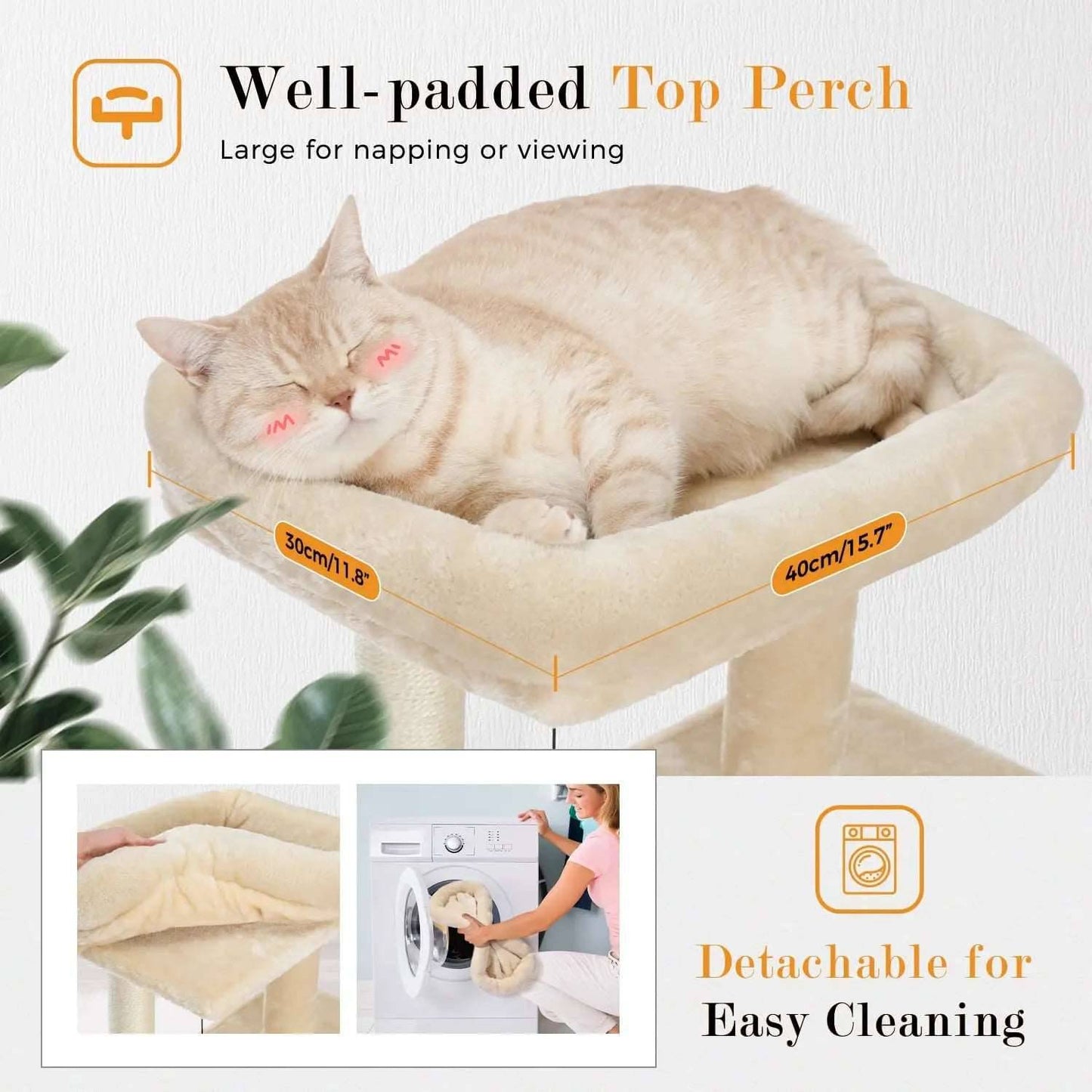34" Beige Cat Tower with Double Condos, Spacious Perch, Fully Wrapped Scratching Sisal Posts and Replaceable Dangling Balls - TrendyPet's Zone