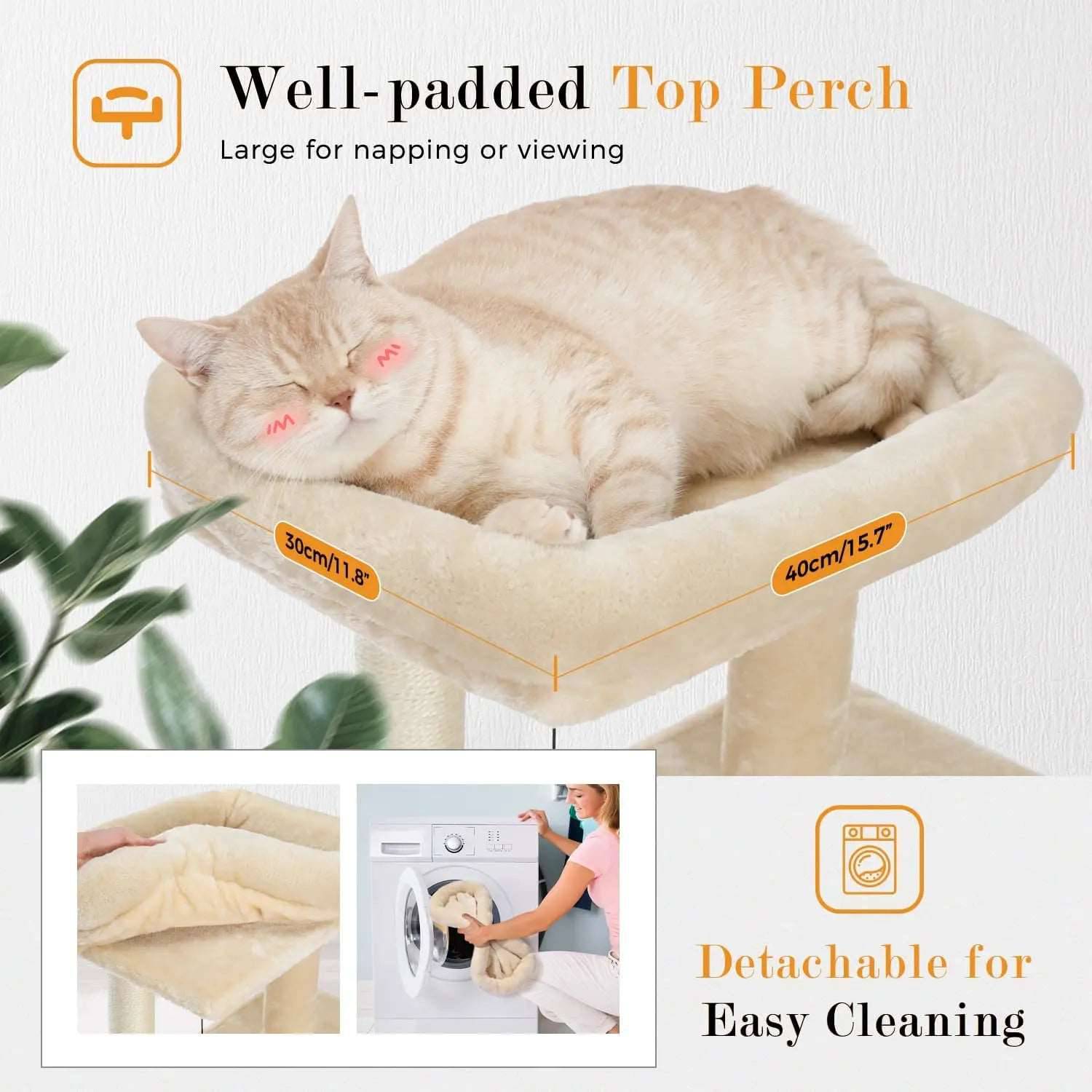34" Beige Cat Tower with Double Condos, Spacious Perch, Fully Wrapped Scratching Sisal Posts and Replaceable Dangling Balls - TrendyPet's Zone