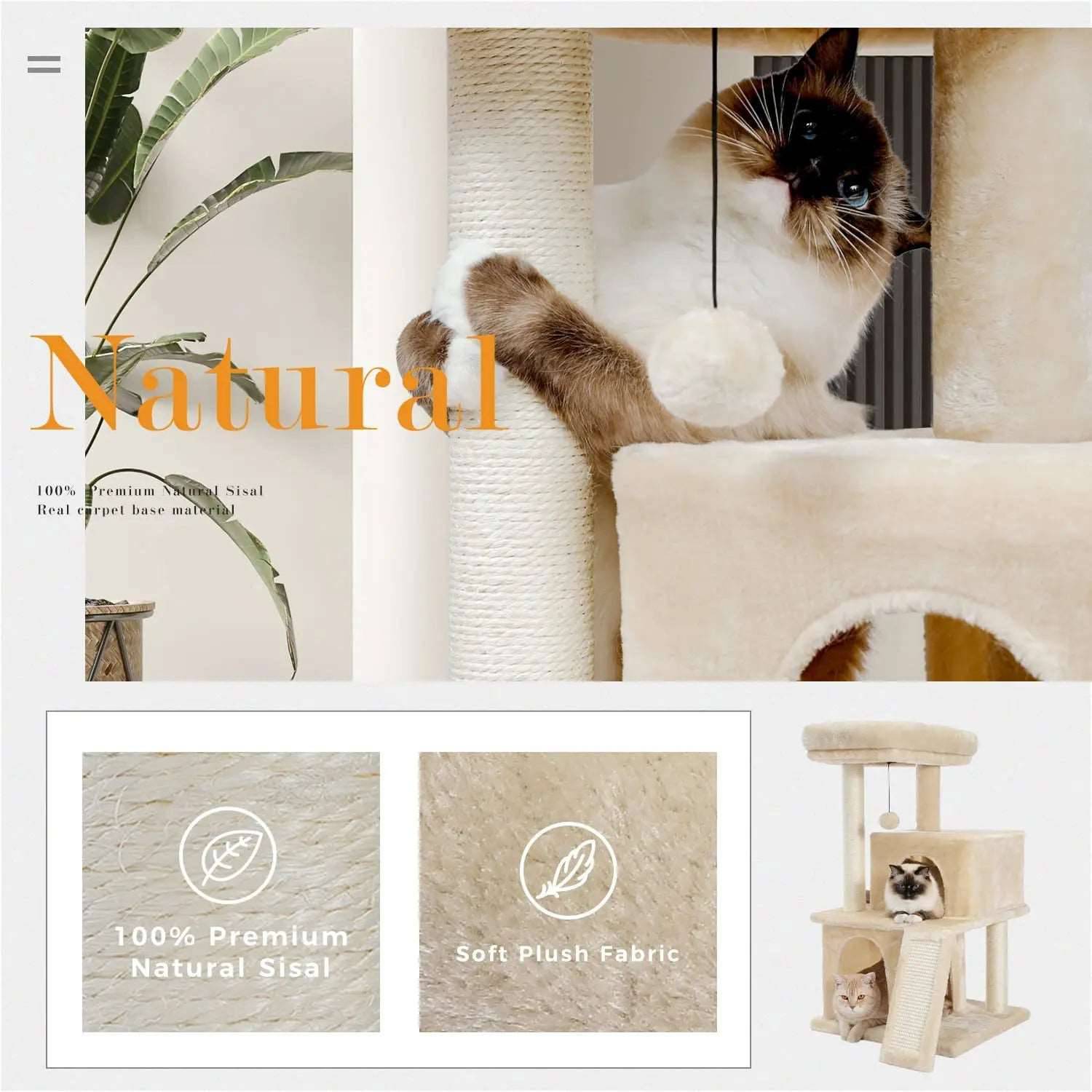 34" Beige Cat Tower with Double Condos, Spacious Perch, Fully Wrapped Scratching Sisal Posts and Replaceable Dangling Balls - TrendyPet's Zone