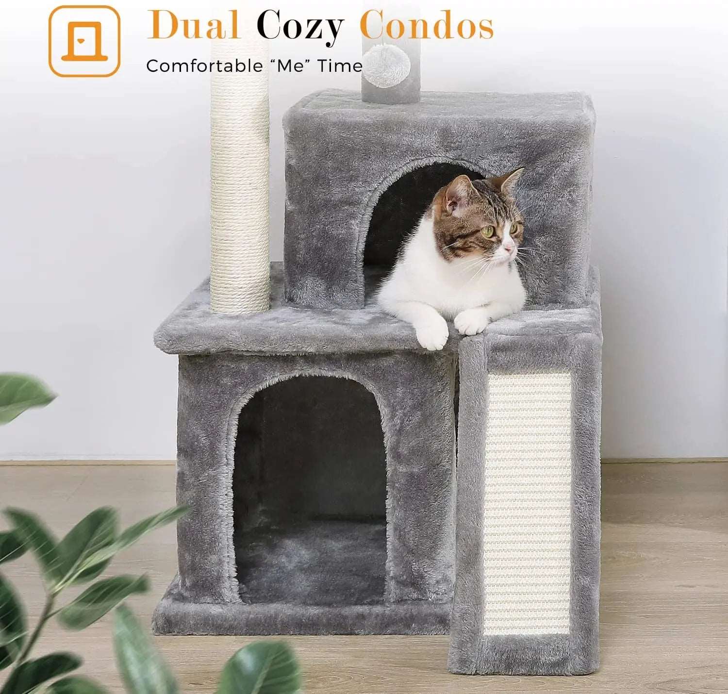 34" Grey Cat Tower with Double Condos, Spacious Perch, Fully Wrapped Scratching Sisal Posts and Replaceable Dangling Balls - TrendyPet's Zone