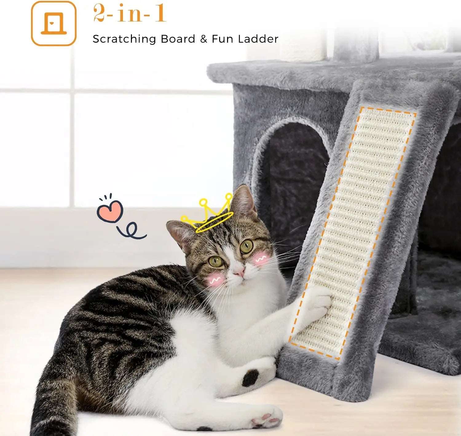 34" Grey Cat Tower with Double Condos, Spacious Perch, Fully Wrapped Scratching Sisal Posts and Replaceable Dangling Balls - TrendyPet's Zone