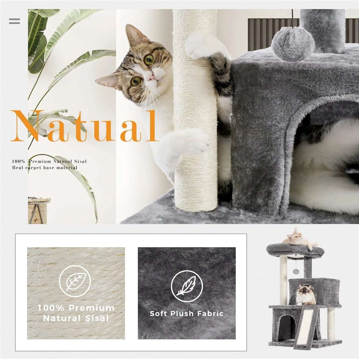 34" Grey Cat Tower with Double Condos, Spacious Perch, Fully Wrapped Scratching Sisal Posts and Replaceable Dangling Balls - TrendyPet's Zone