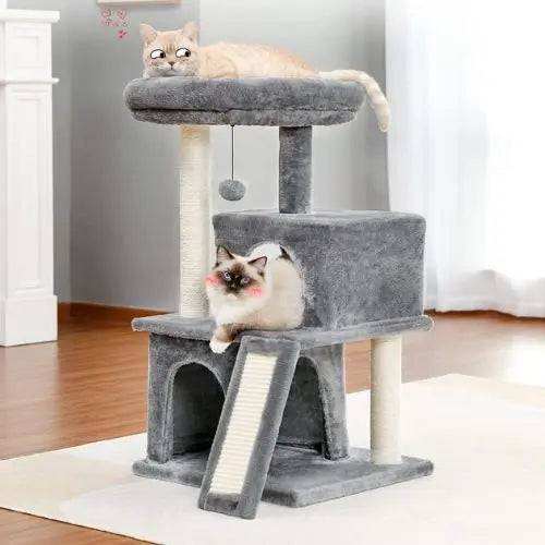 34" Grey Cat Tower with Double Condos, Spacious Perch, Fully Wrapped Scratching Sisal Posts and Replaceable Dangling Balls - TrendyPet's Zone