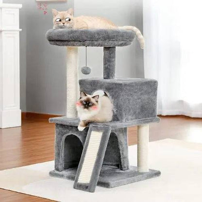 34" Grey Cat Tower with Double Condos, Spacious Perch, Fully Wrapped Scratching Sisal Posts and Replaceable Dangling Balls - TrendyPet's Zone