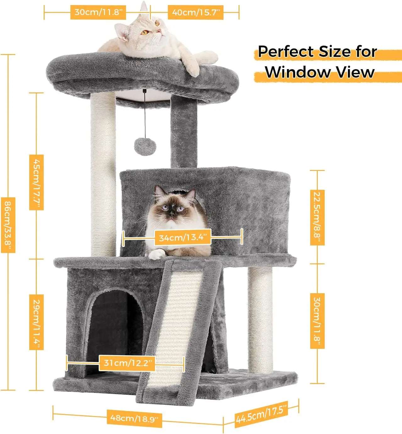 34" Grey Cat Tower with Double Condos, Spacious Perch, Fully Wrapped Scratching Sisal Posts and Replaceable Dangling Balls - TrendyPet's Zone