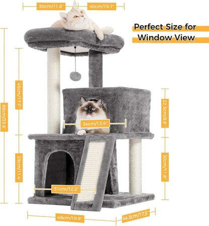 34" Grey Cat Tower with Double Condos, Spacious Perch, Fully Wrapped Scratching Sisal Posts and Replaceable Dangling Balls - TrendyPet's Zone