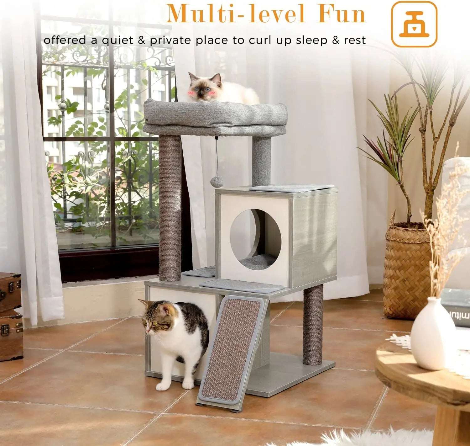 34" Wooden Grey Cat Tower with Double Condos, Spacious Perch, Fully Wrapped Scratching Sisal Posts and Replaceable Dangling Balls - TrendyPet's Zone