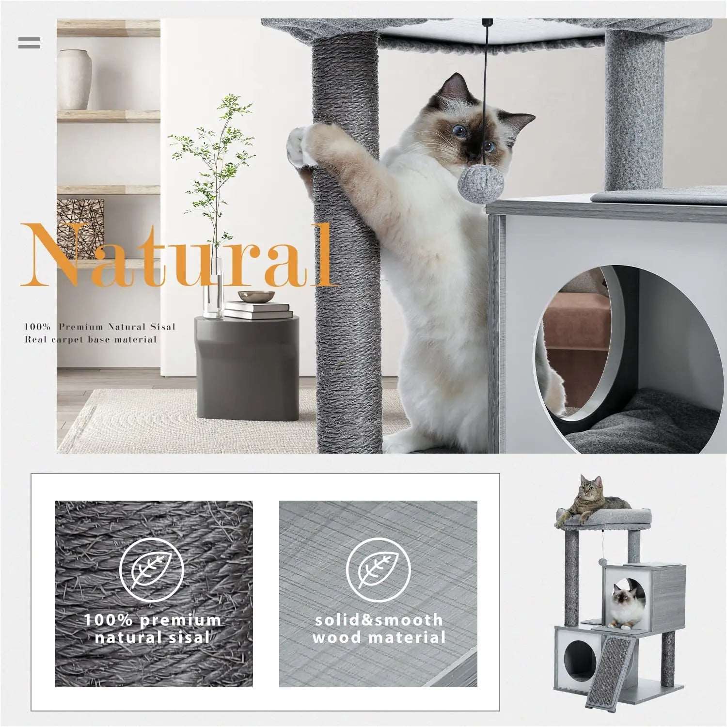34" Wooden Grey Cat Tower with Double Condos, Spacious Perch, Fully Wrapped Scratching Sisal Posts and Replaceable Dangling Balls - TrendyPet's Zone