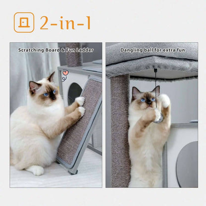 34" Wooden Grey Cat Tower with Double Condos, Spacious Perch, Fully Wrapped Scratching Sisal Posts and Replaceable Dangling Balls - TrendyPet's Zone