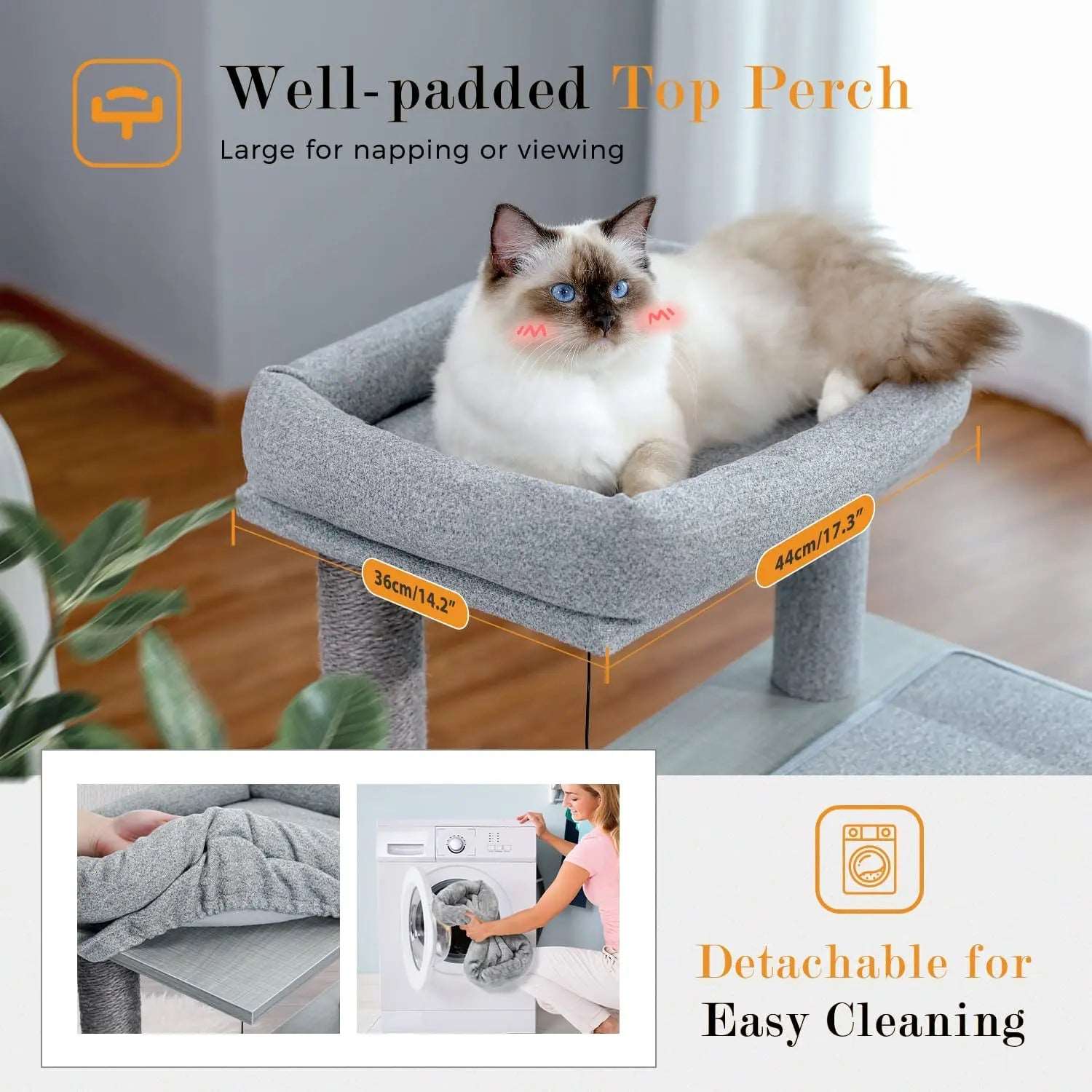 34" Wooden Grey Cat Tower with Double Condos, Spacious Perch, Fully Wrapped Scratching Sisal Posts and Replaceable Dangling Balls - TrendyPet's Zone