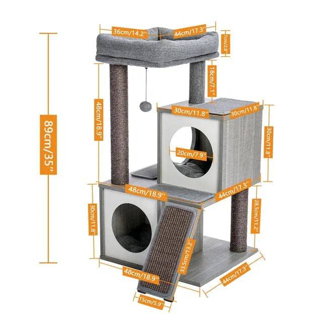 34" Wooden Grey Cat Tower with Double Condos, Spacious Perch, Fully Wrapped Scratching Sisal Posts and Replaceable Dangling Balls - TrendyPet's Zone