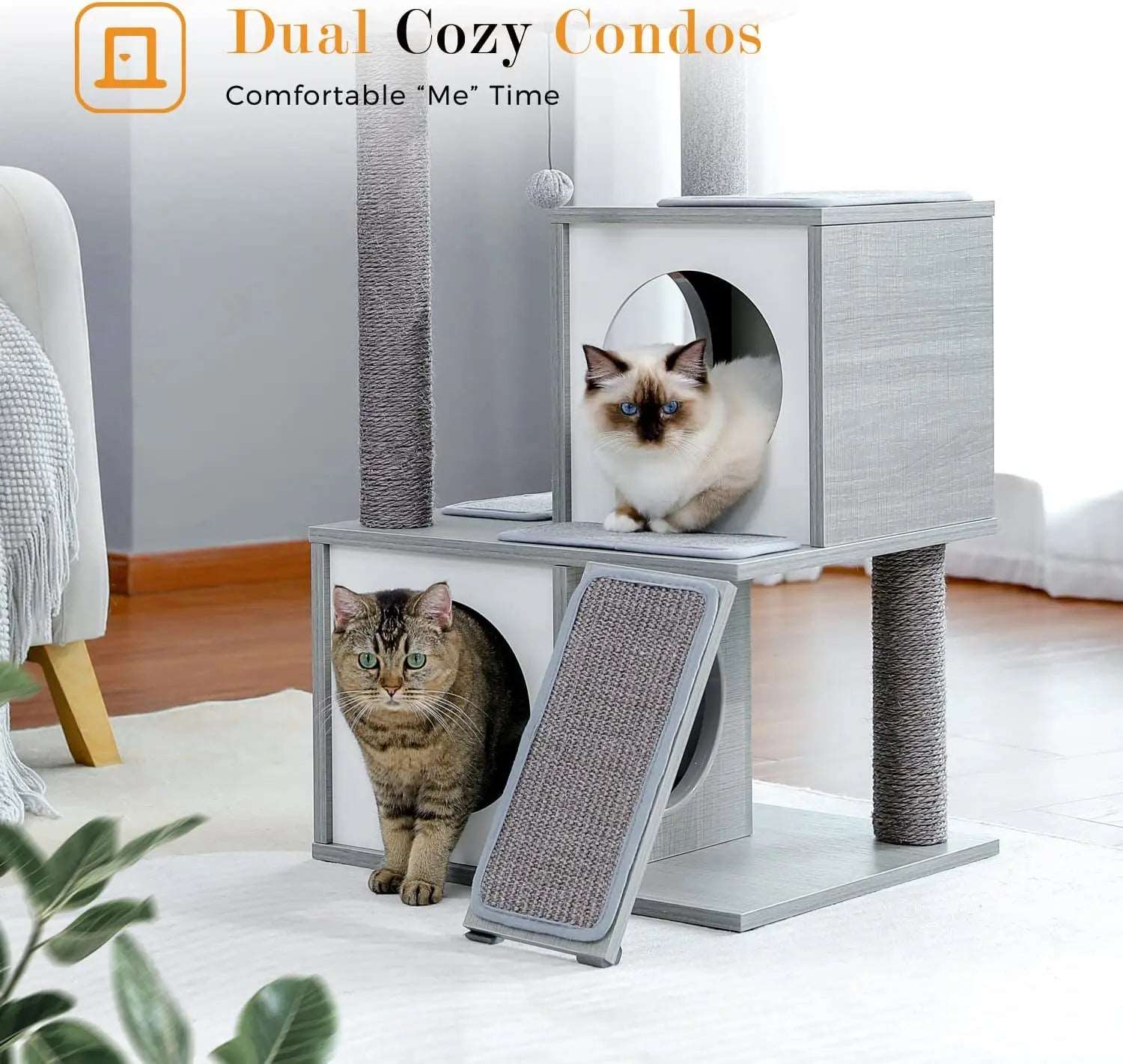34" Wooden Grey Cat Tower with Double Condos, Spacious Perch, Fully Wrapped Scratching Sisal Posts and Replaceable Dangling Balls - TrendyPet's Zone