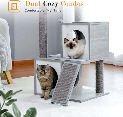 34" Wooden Grey Cat Tower with Double Condos, Spacious Perch, Fully Wrapped Scratching Sisal Posts and Replaceable Dangling Balls - TrendyPet's Zone