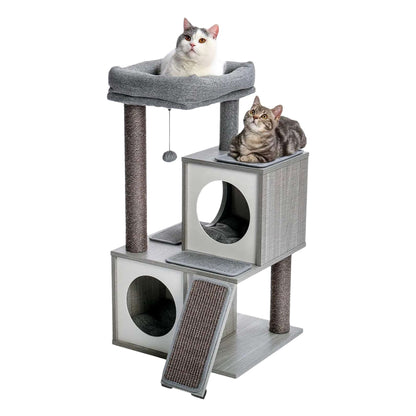 Grey wooden cat tower with double condos, spacious perch, sisal scratching posts, and dangling balls for cats by TrendyPet's Zone.