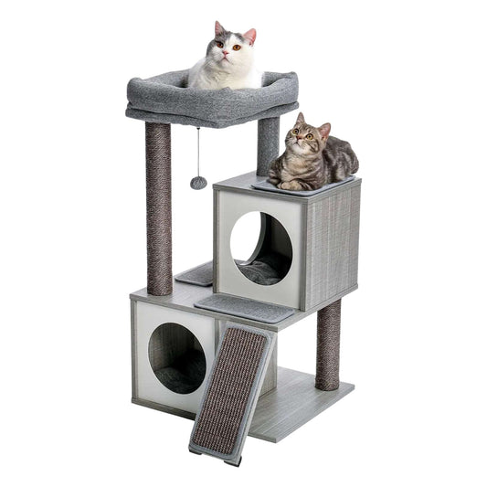 Grey wooden cat tower with double condos, spacious perch, sisal scratching posts, and dangling balls for cats by TrendyPet's Zone.