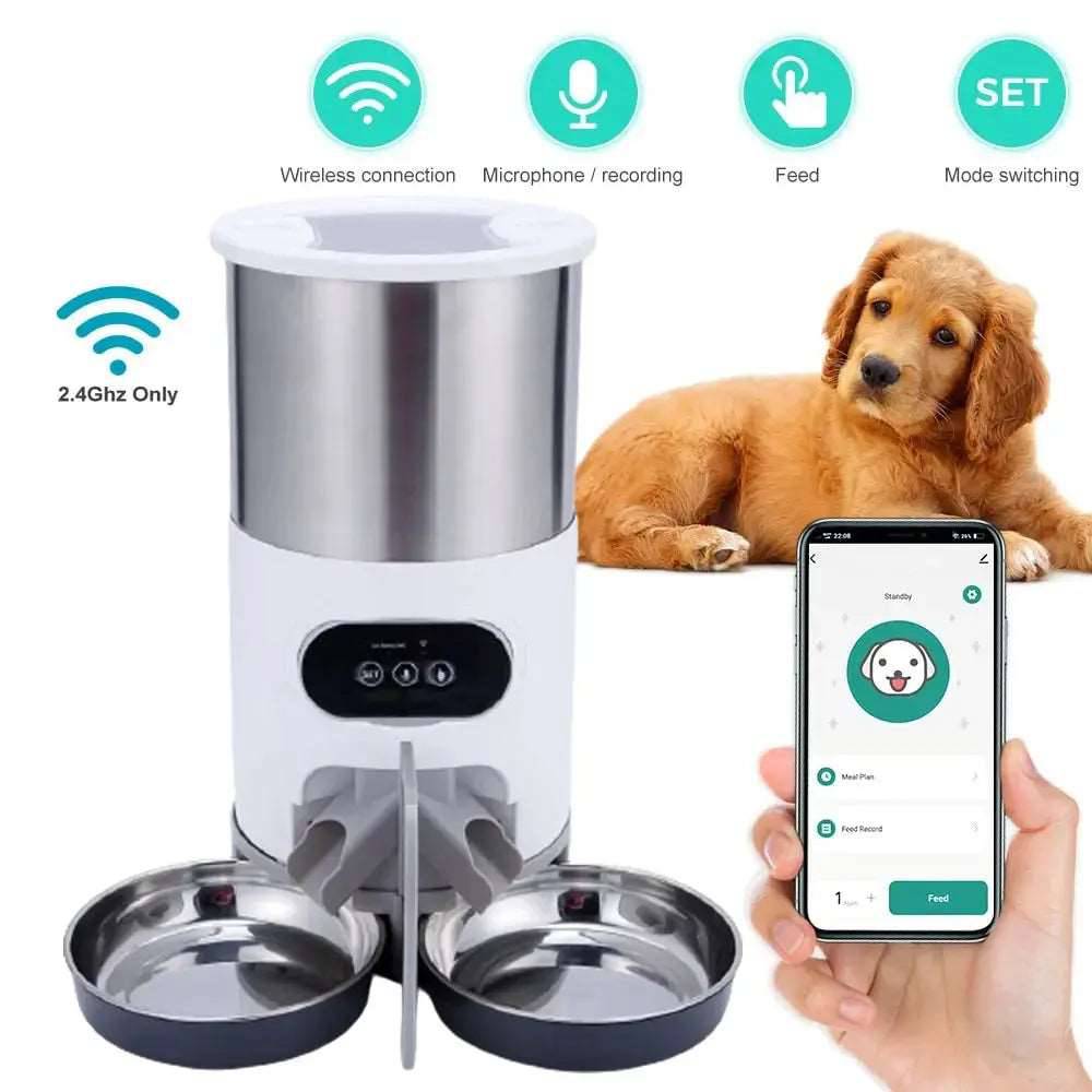 4.5L Double Bowl Smart APP Pet Feeder Cat And Dog Food Automatic Dispenser Stainless Steel Bowl Cats And Dogs With Recording Timing Feeding - TrendyPet's Zone