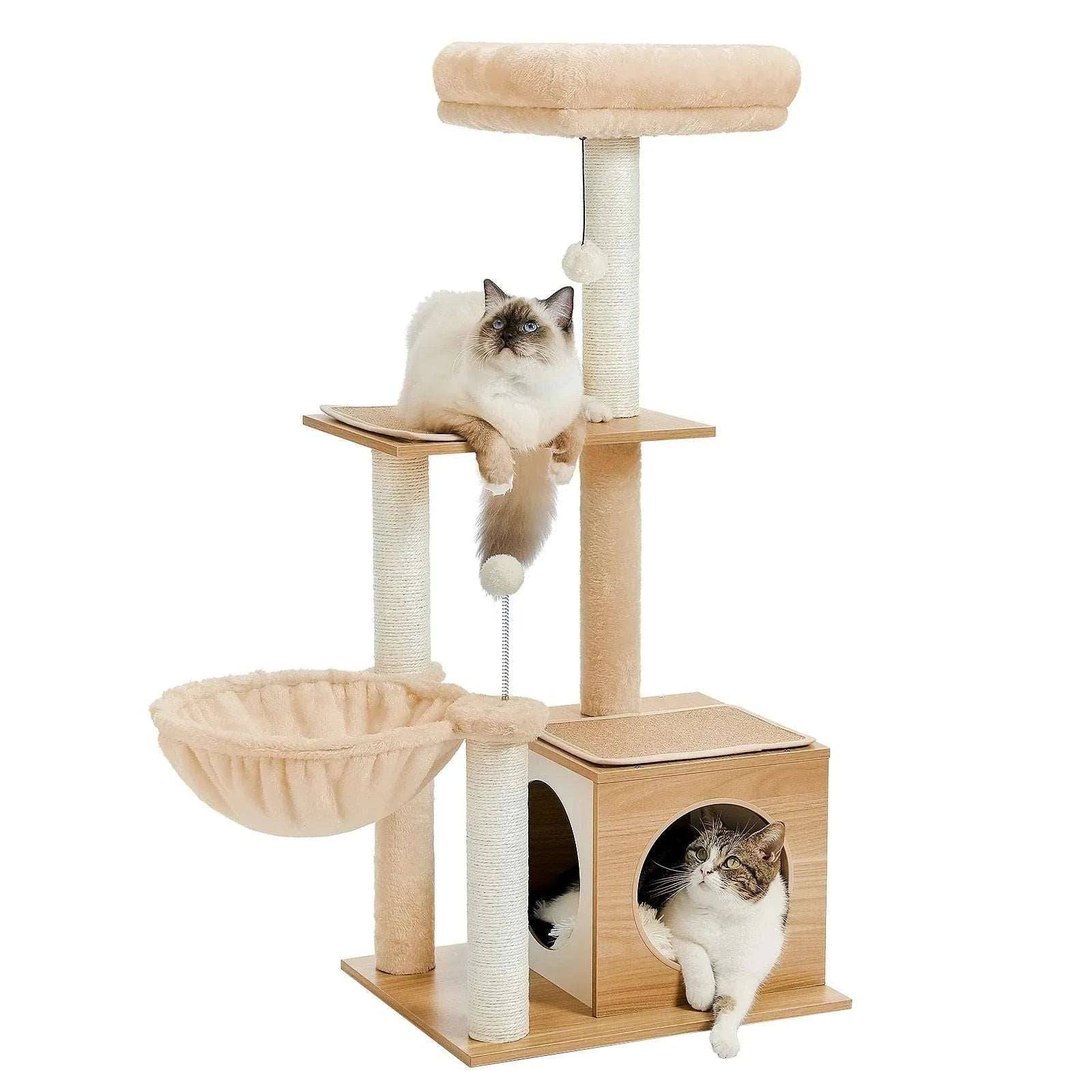 43.3" Beige Cat Tree Modern Tower for Indoor Multilevel Play House with Large Condo Spacious Hammock Cozy Top Perch - TrendyPet's Zone