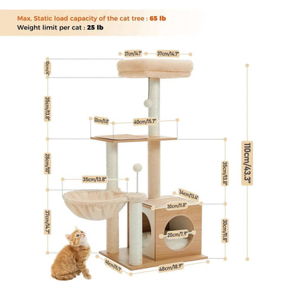 43.3" Beige Cat Tree Modern Tower for Indoor Multilevel Play House with Large Condo Spacious Hammock Cozy Top Perch - TrendyPet's Zone