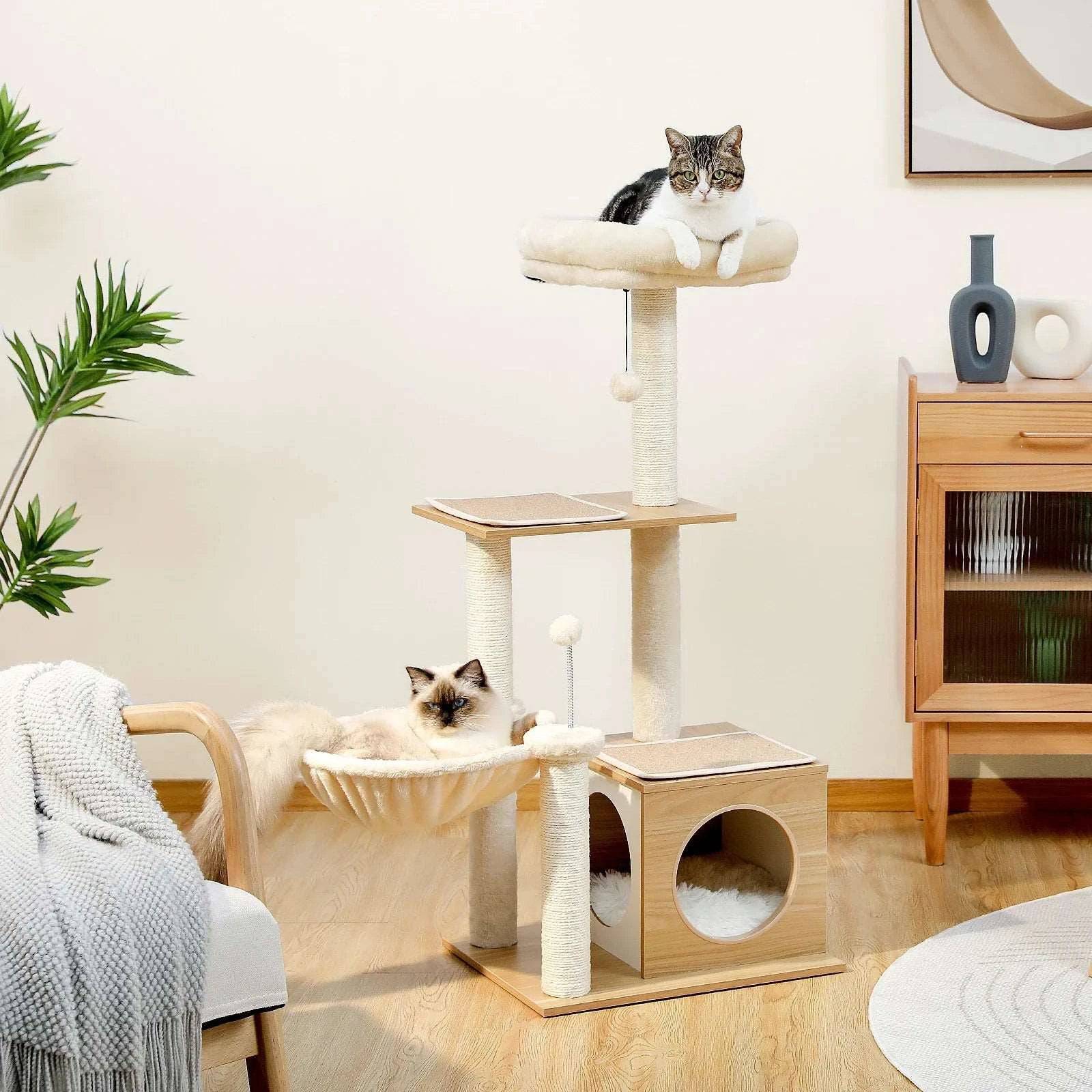 43.3" Beige Cat Tree Modern Tower for Indoor Multilevel Play House with Large Condo Spacious Hammock Cozy Top Perch - TrendyPet's Zone
