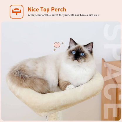 43.3" Beige Cat Tree Modern Tower for Indoor Multilevel Play House with Large Condo Spacious Hammock Cozy Top Perch - TrendyPet's Zone