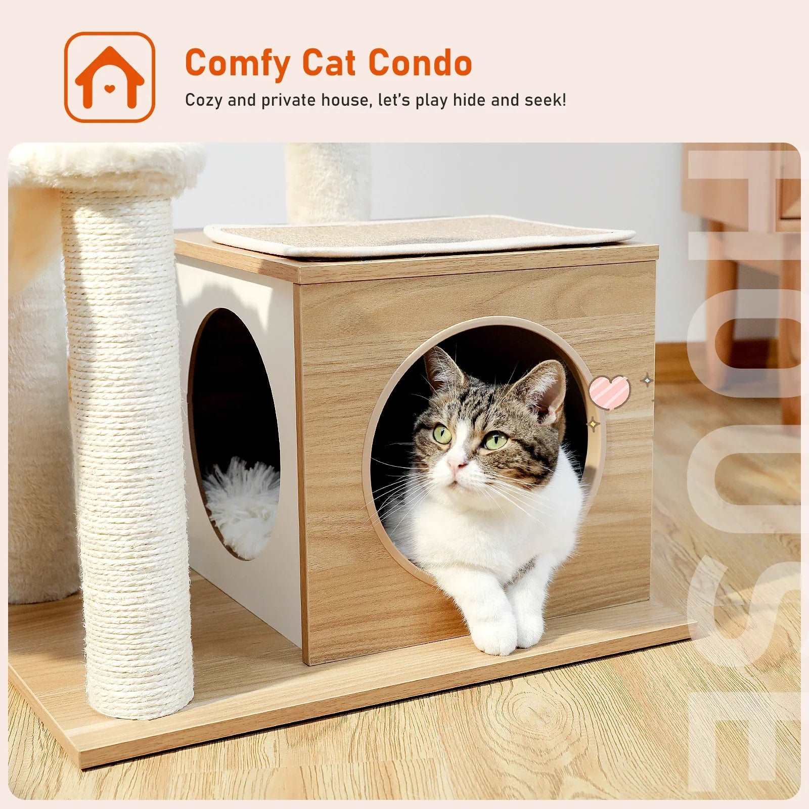 43.3" Beige Cat Tree Modern Tower for Indoor Multilevel Play House with Large Condo Spacious Hammock Cozy Top Perch - TrendyPet's Zone
