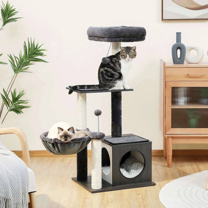 43.3" Black Cat Tree Modern Tower for Indoor Multilevel Play House with Large Condo Spacious Hammock Cozy Top Perch - TrendyPet's Zone