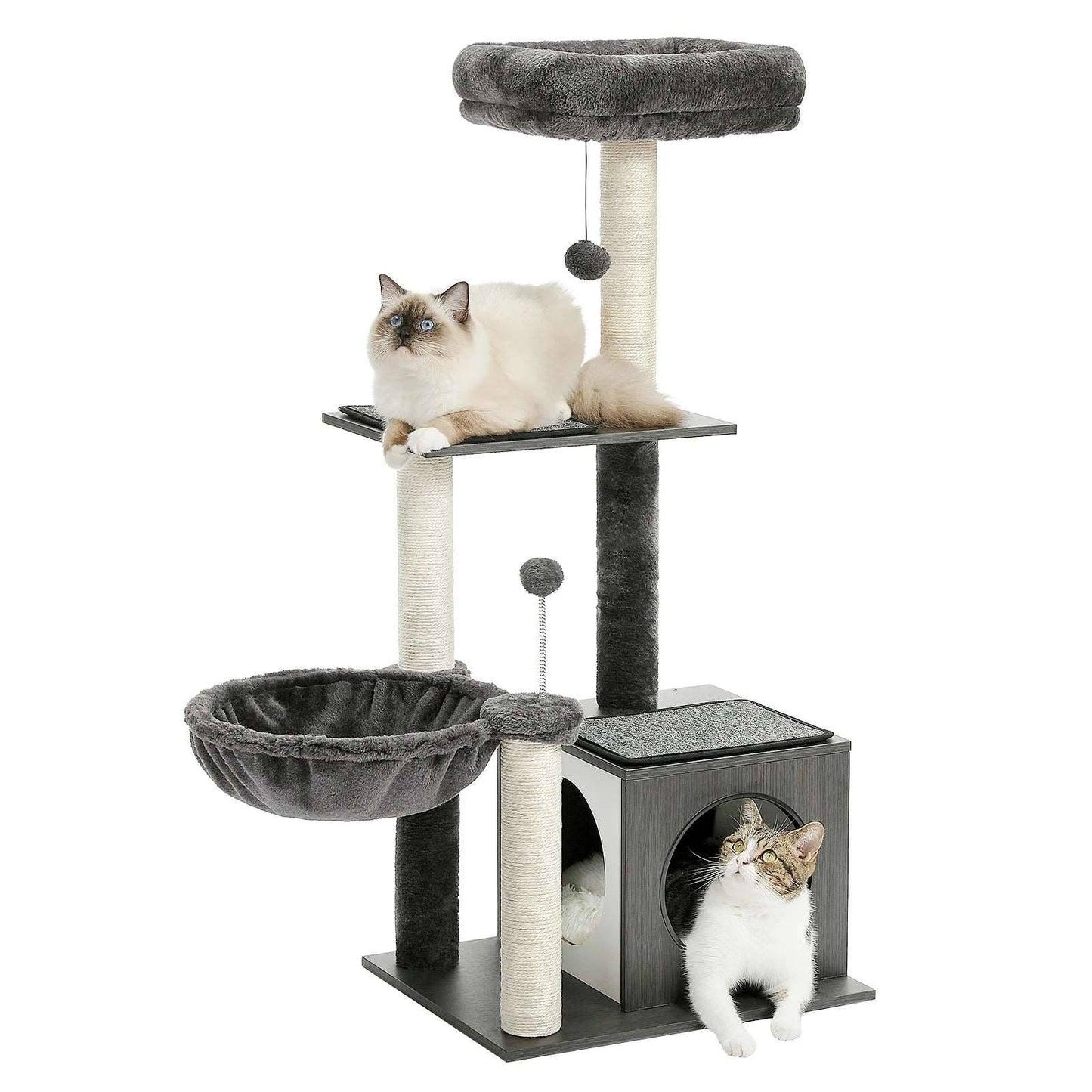 43.3" Black Cat Tree Modern Tower for Indoor Multilevel Play House with Large Condo Spacious Hammock Cozy Top Perch - TrendyPet's Zone