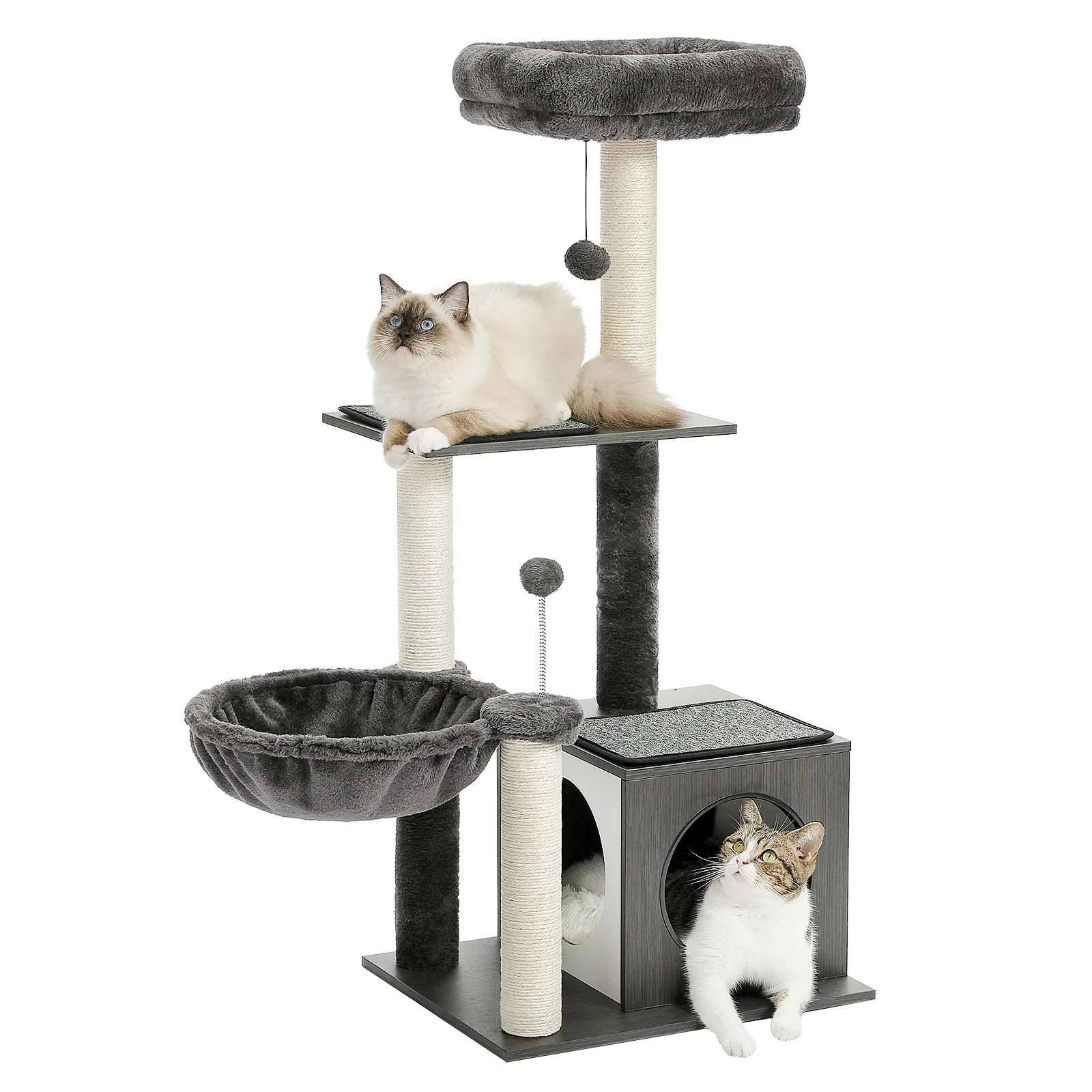 43.3" Black Cat Tree Modern Tower for Indoor Multilevel Play House with Large Condo Spacious Hammock Cozy Top Perch - TrendyPet's Zone