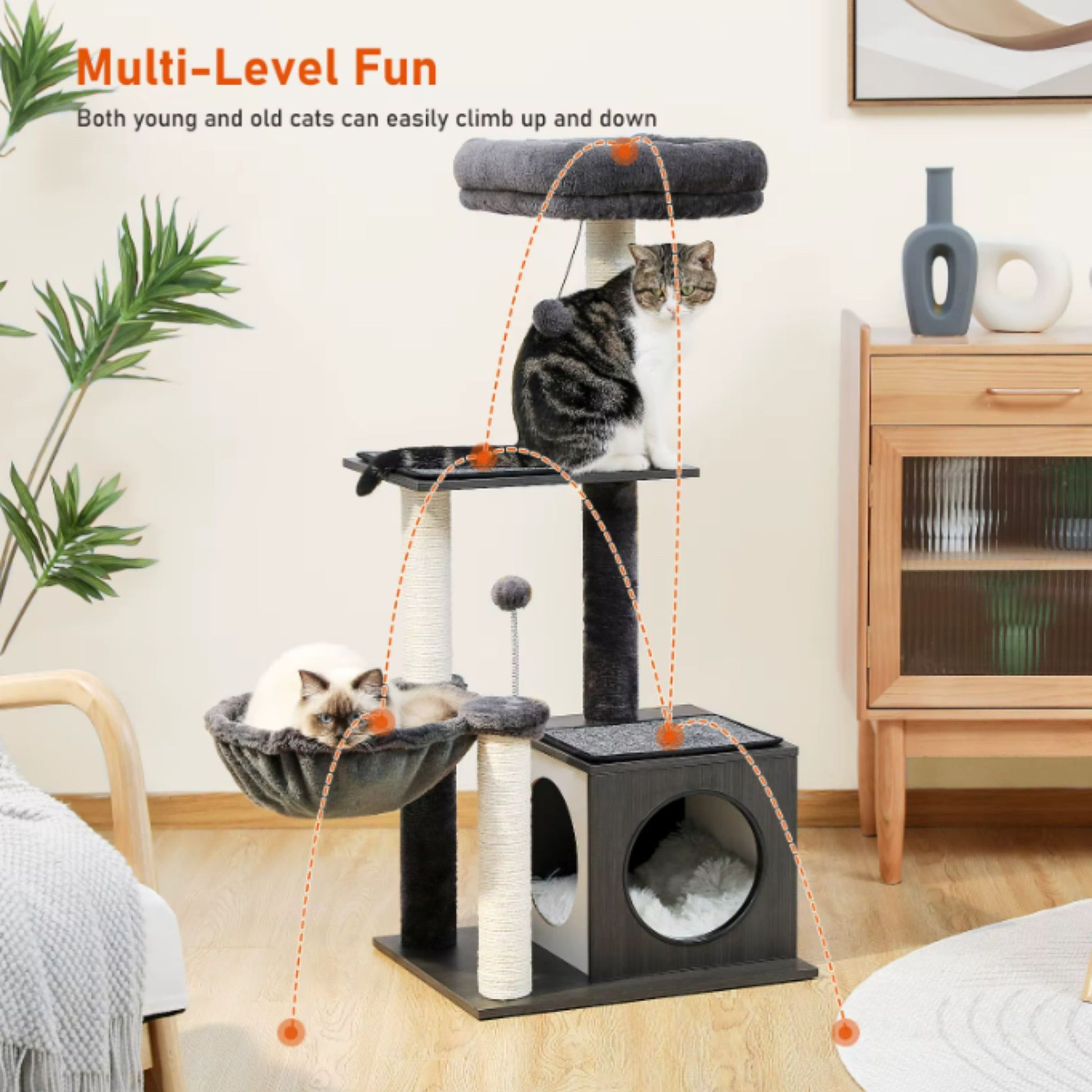 43.3" Black Cat Tree Modern Tower for Indoor Multilevel Play House with Large Condo Spacious Hammock Cozy Top Perch - TrendyPet's Zone