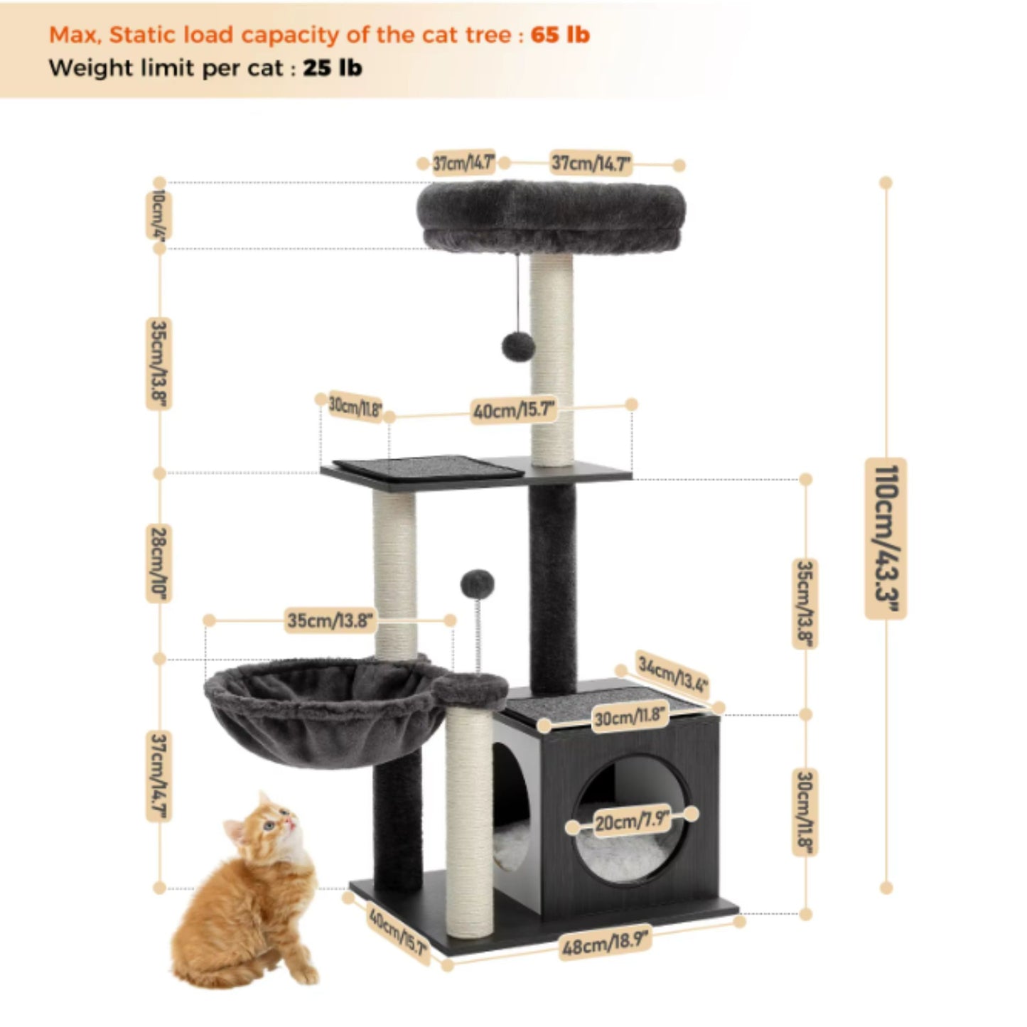 43.3" Black Cat Tree Modern Tower for Indoor Multilevel Play House with Large Condo Spacious Hammock Cozy Top Perch - TrendyPet's Zone