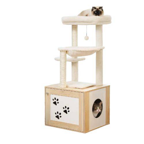 46.1" Beige Modern Cat Tower Wood Large Hammock Litter Box Enclosure - TrendyPet's Zone
