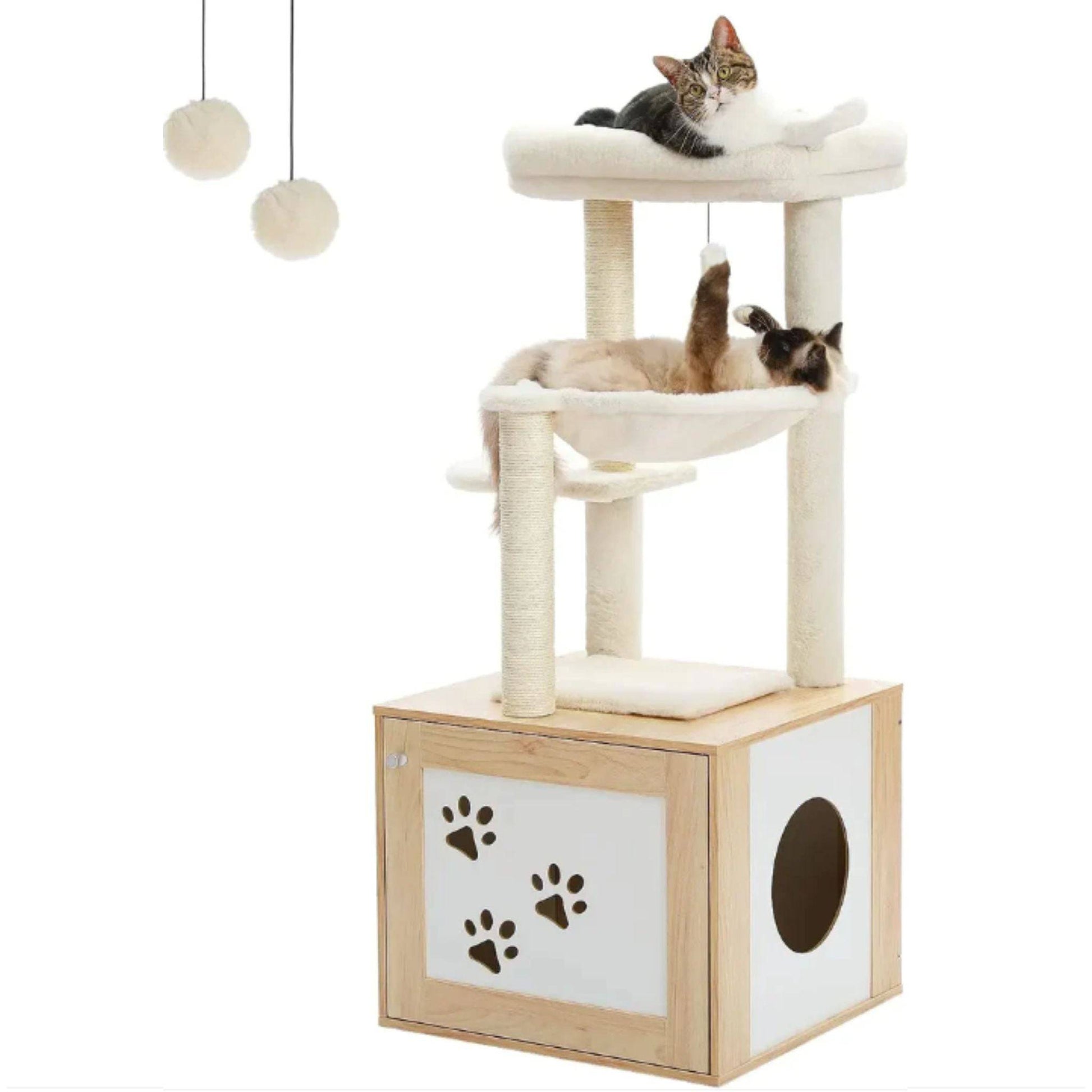 46.1" Beige Modern Cat Tower Wood Large Hammock Litter Box Enclosure - TrendyPet's Zone