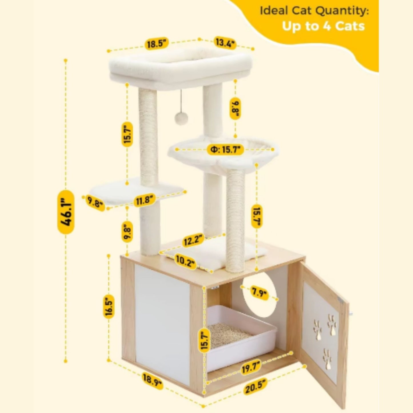 46.1" Beige Modern Cat Tower Wood Large Hammock Litter Box Enclosure - TrendyPet's Zone