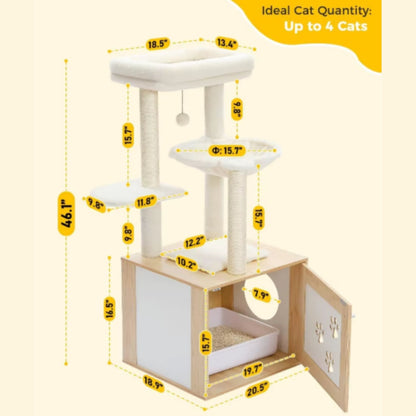 46.1" Beige Modern Cat Tower Wood Large Hammock Litter Box Enclosure - TrendyPet's Zone