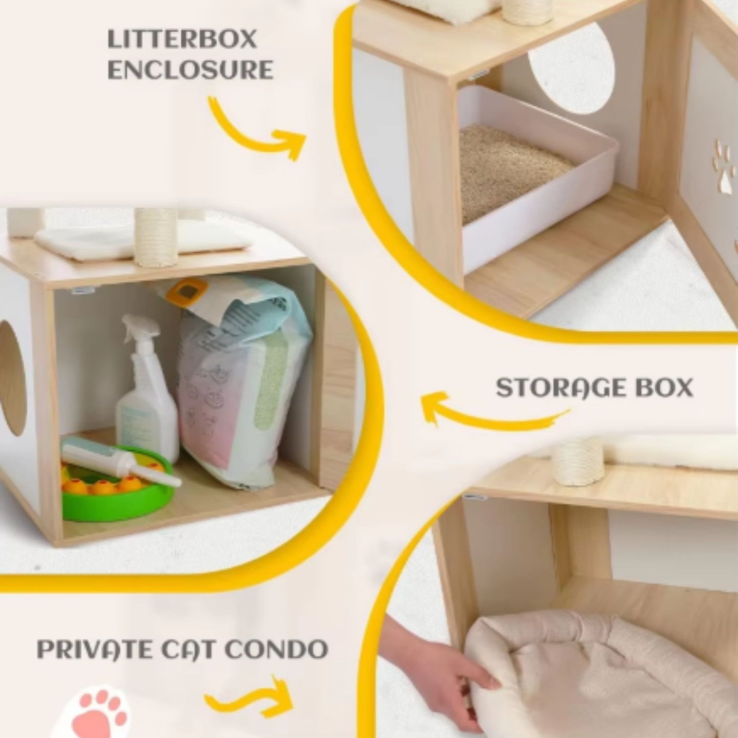 46.1" Beige Modern Cat Tower Wood Large Hammock Litter Box Enclosure - TrendyPet's Zone