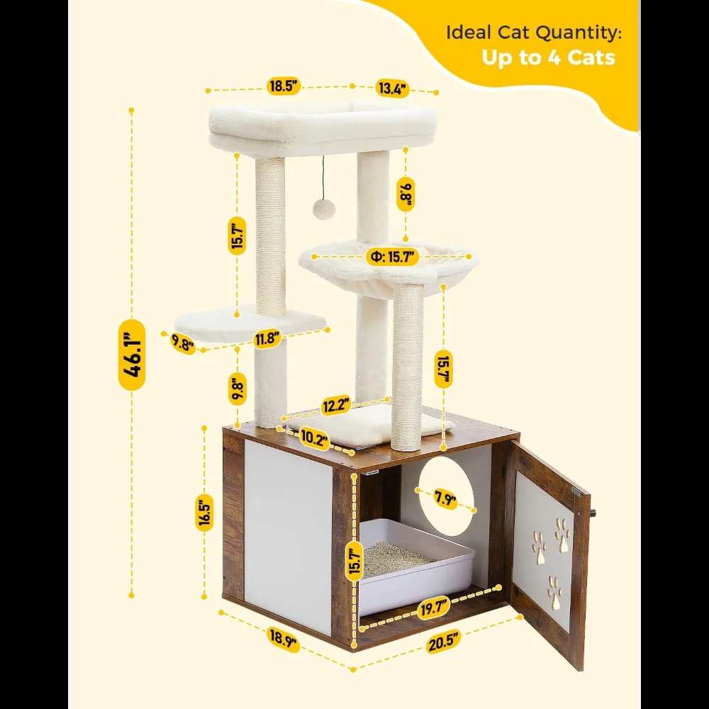 46.1" Brown Modern Cat Tower Wood Large Hammock Litter Box Enclosure - TrendyPet's Zone