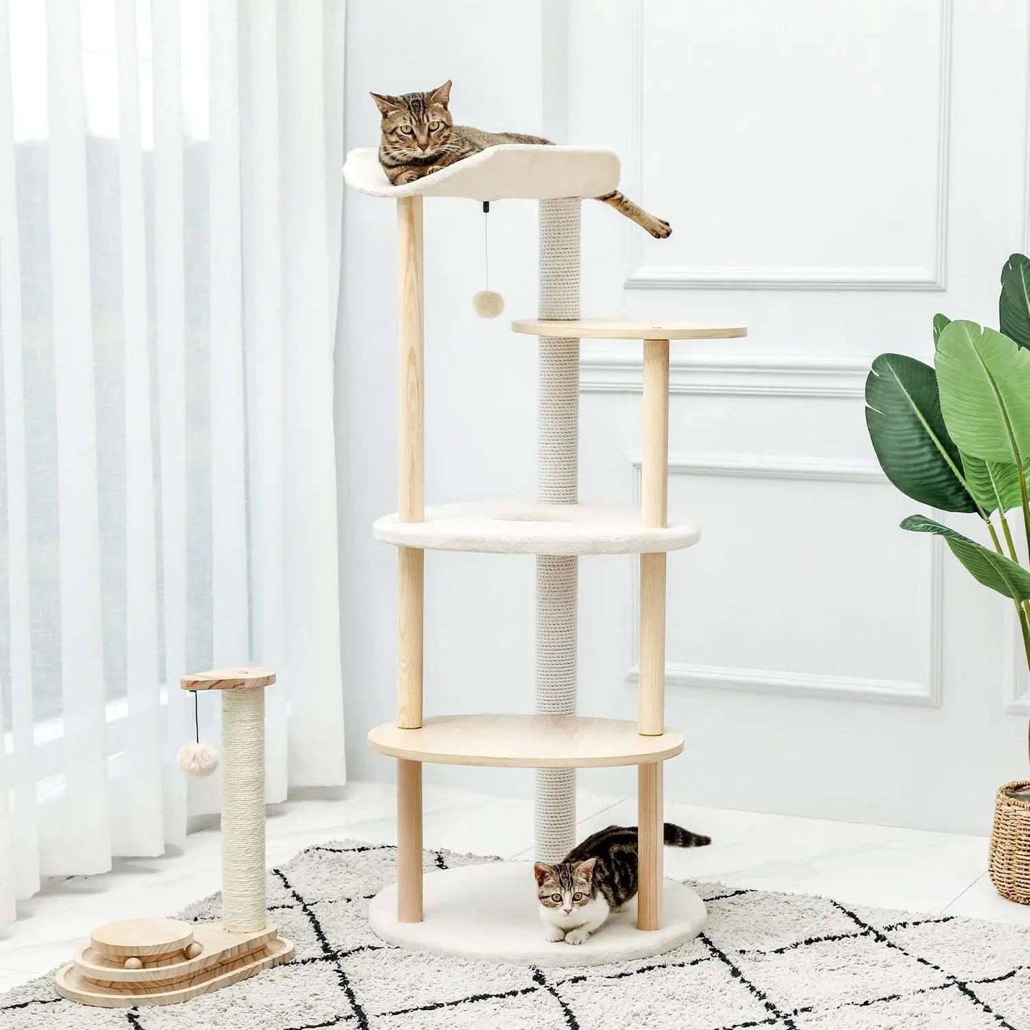 49" Cat Tree Indoor Soft Perch Wrapped Scratching Durable Plush Sisal Post Modern Tower Furniture Wooden Multi-level Jumping Platform with Condo Beige - TrendyPet's Zone
