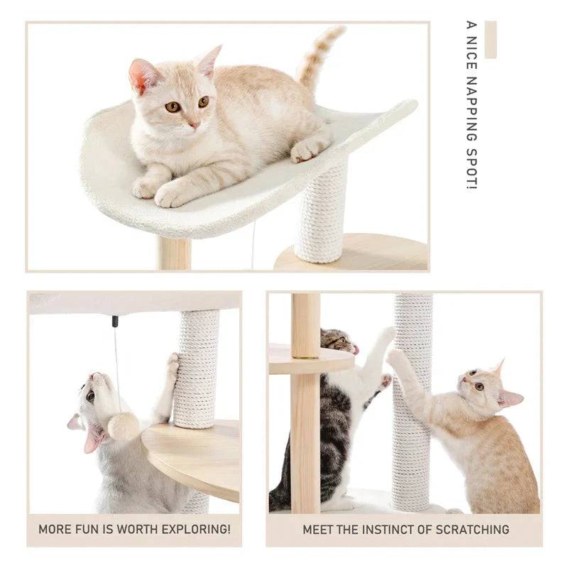 49" Cat Tree Indoor Soft Perch Wrapped Scratching Durable Plush Sisal Post Modern Tower Furniture Wooden Multi-level Jumping Platform with Condo Beige - TrendyPet's Zone
