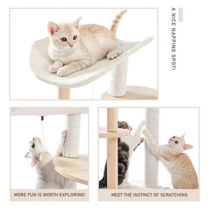 49" Cat Tree Indoor Soft Perch Wrapped Scratching Durable Plush Sisal Post Modern Tower Furniture Wooden Multi-level Jumping Platform with Condo Beige - TrendyPet's Zone