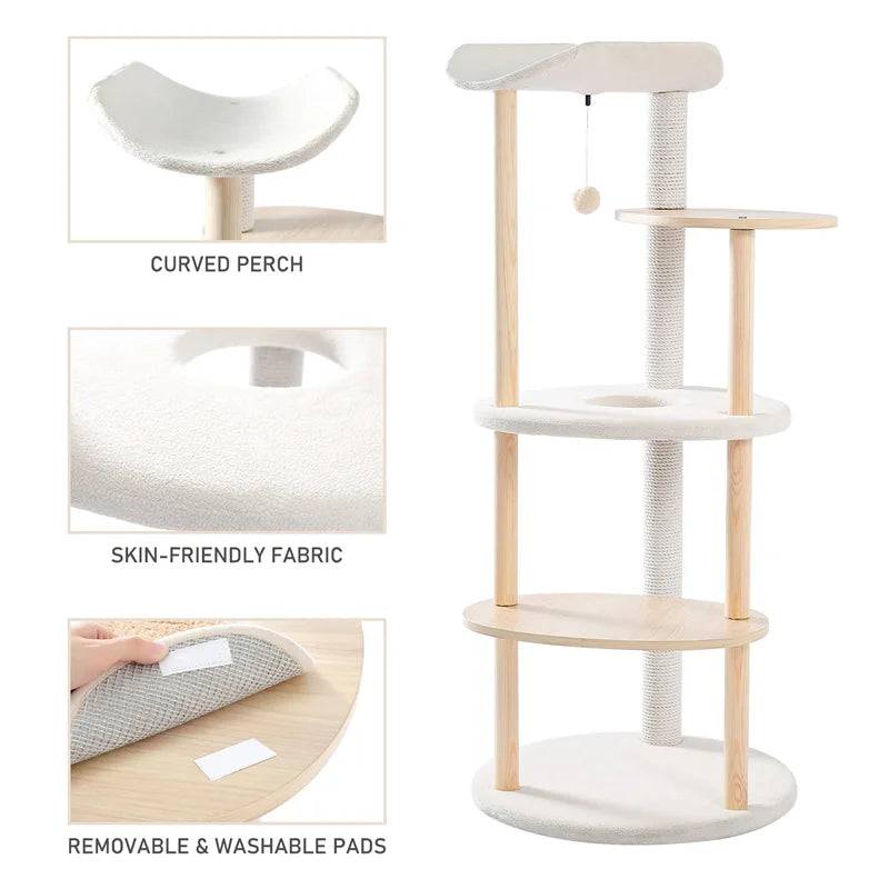49" Cat Tree Indoor Soft Perch Wrapped Scratching Durable Plush Sisal Post Modern Tower Furniture Wooden Multi-level Jumping Platform with Condo Beige - TrendyPet's Zone