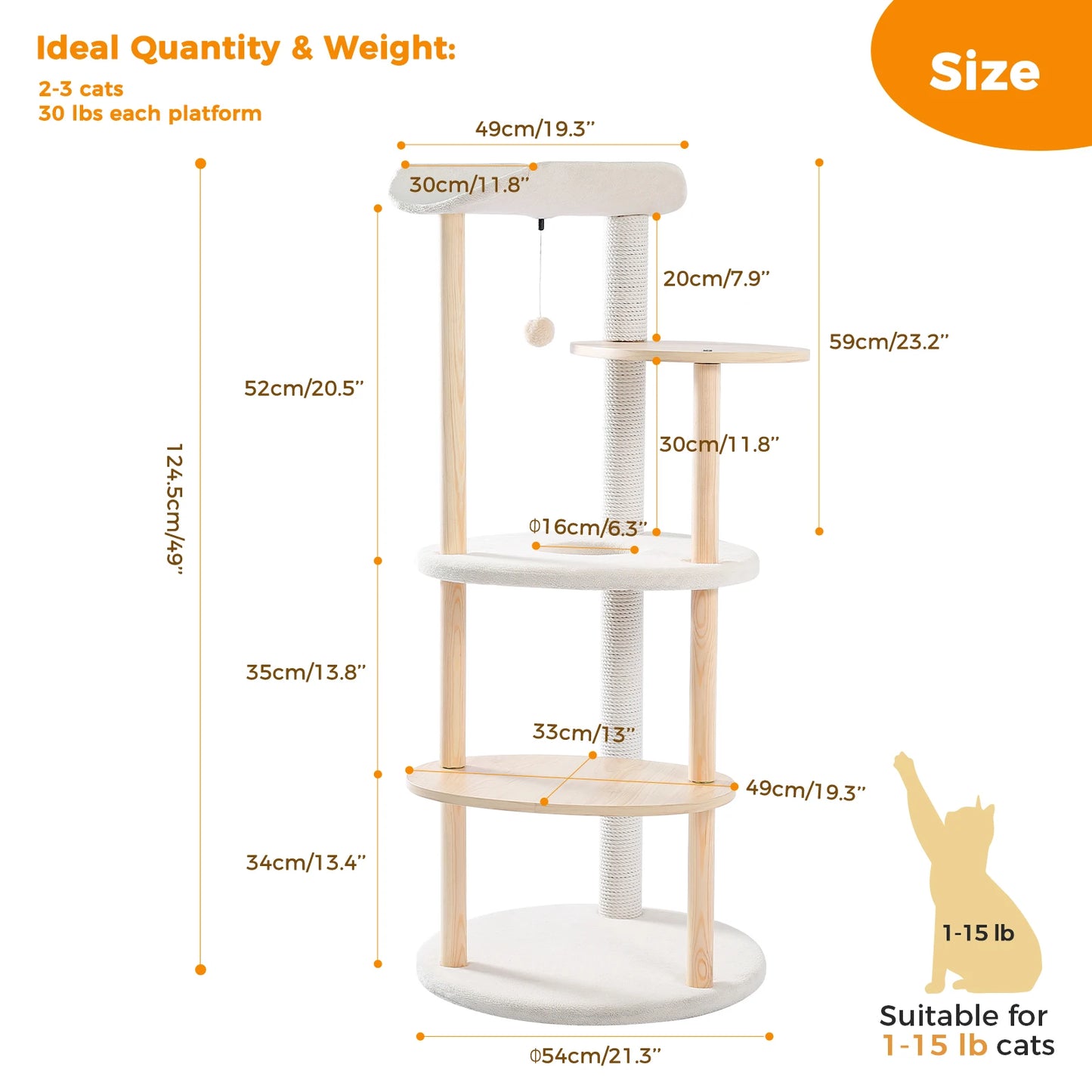 Beige 49-inch indoor cat tree with soft perch, sisal scratching post, condo, wooden multi-level platform, suitable for cats.