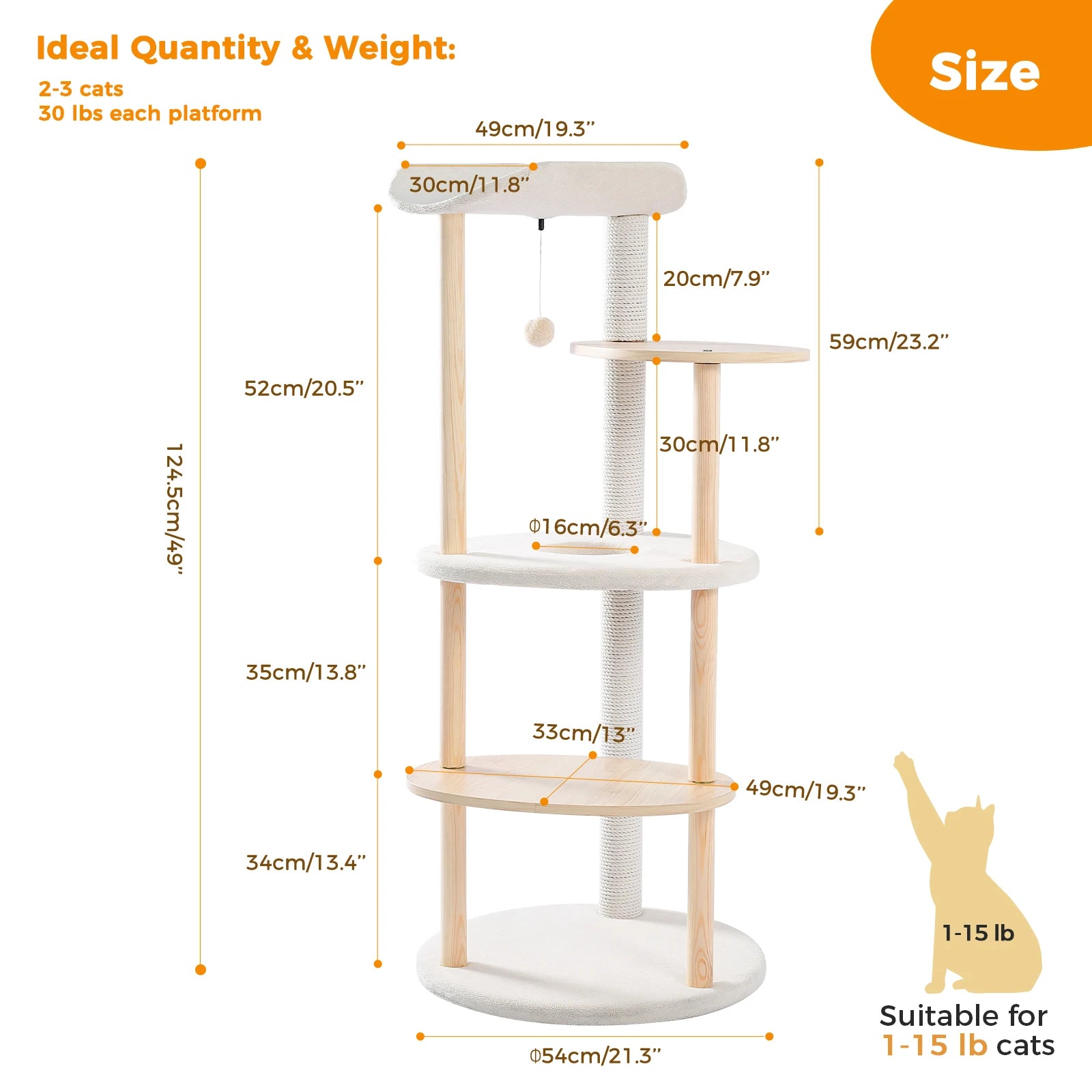 Beige 49-inch indoor cat tree with soft perch, sisal scratching post, condo, wooden multi-level platform, suitable for cats.