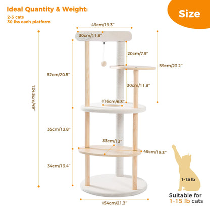 Beige 49-inch indoor cat tree with soft perch, sisal scratching post, condo, wooden multi-level platform, suitable for cats.