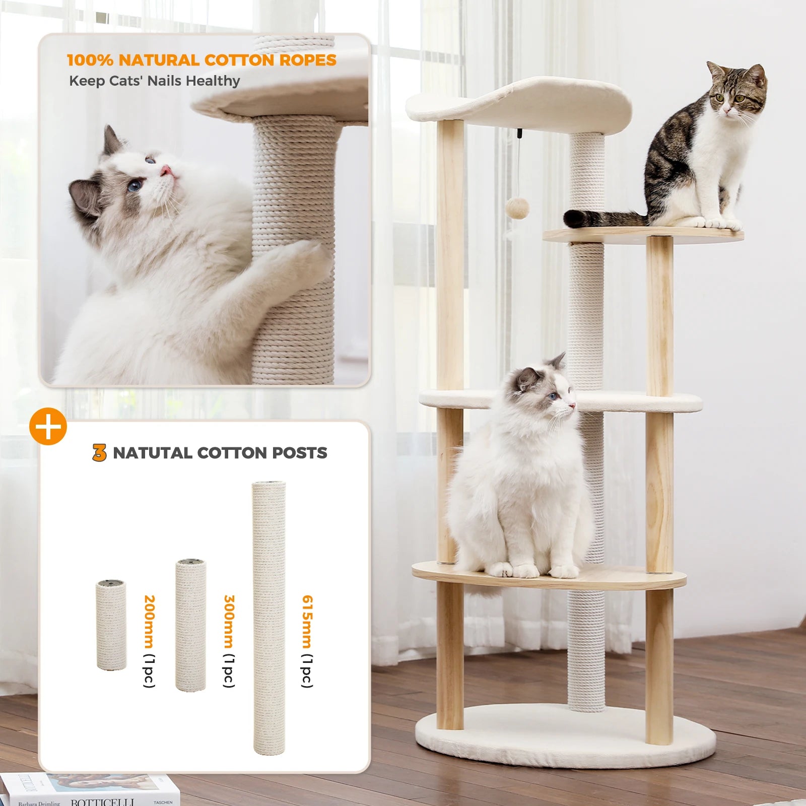Beige 49-inch indoor cat tree with soft perch, scratching post, condo, and multi-level platform made of wood and plush materials.