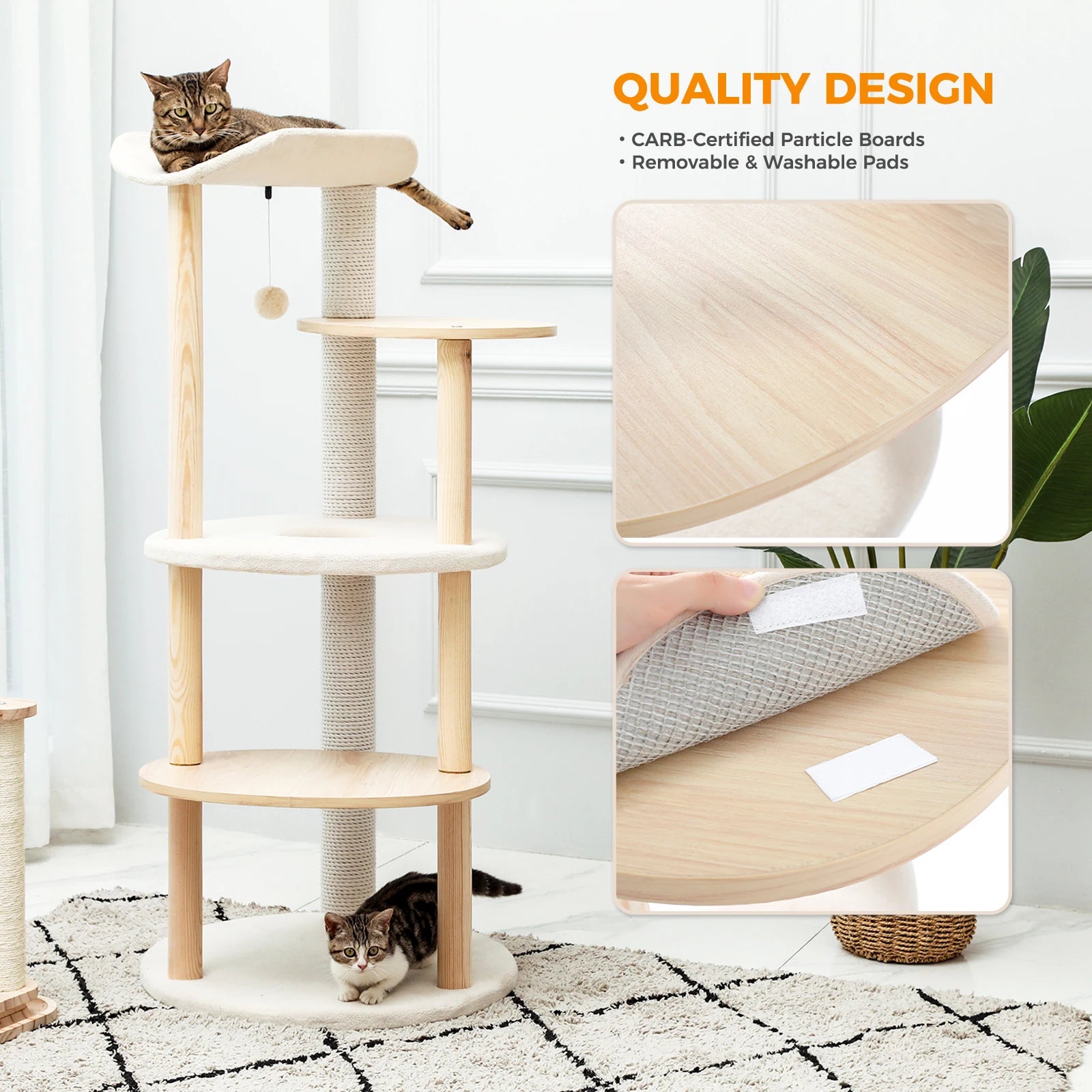 Beige 49-inch indoor cat tree with soft perch, scratching post, wooden tower, condo, and multi-level jumping platform by TrendyPet's Zone.