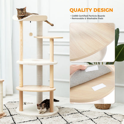 Beige 49-inch indoor cat tree with soft perch, scratching post, wooden tower, condo, and multi-level jumping platform by TrendyPet's Zone.