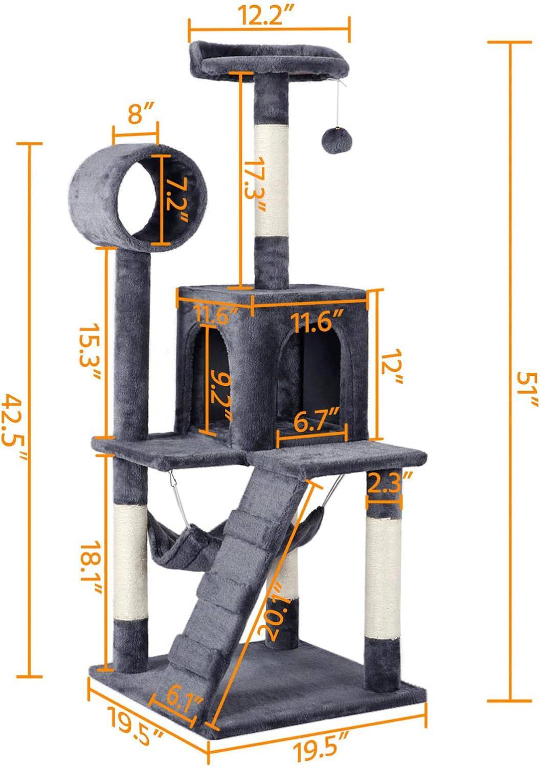51" Dark Gray Cat Tree with Hammock and Scratching Post Tower House Scratcher - TrendyPet's Zone