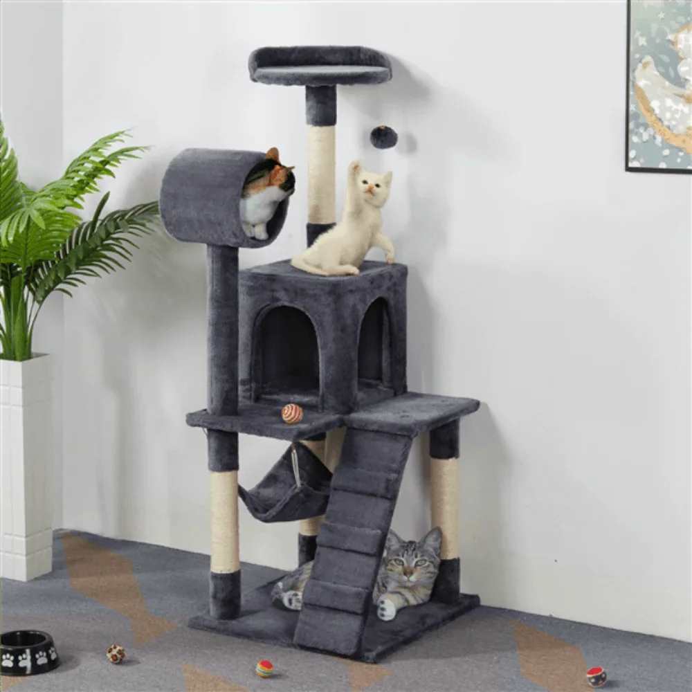 51" Dark Gray Cat Tree with Hammock and Scratching Post Tower House Scratcher - TrendyPet's Zone